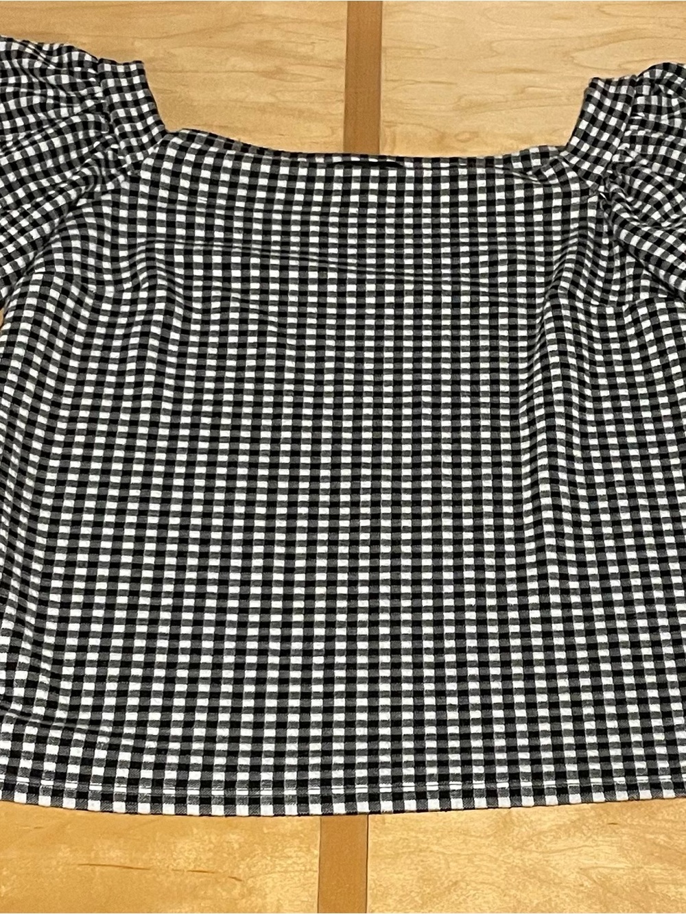Express Black and White Gingham A-Line Top with Puff Shoulders